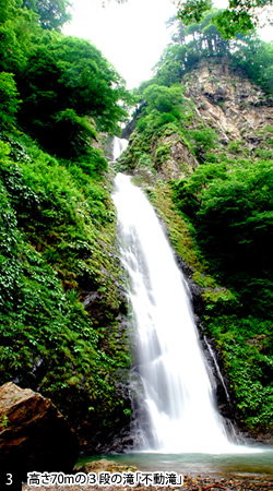 高さ70mの３段の滝「不動滝」