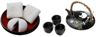 郷土菓子「軽羹（かるかん）」（左）・焼酎のお供に「黒千代香（くろじょか）」（右）