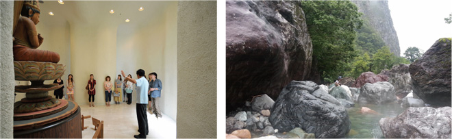 （左）谷村美術館鑑賞現地確認　（右）小滝川ヒスイ峡でのマイナスイオン測定