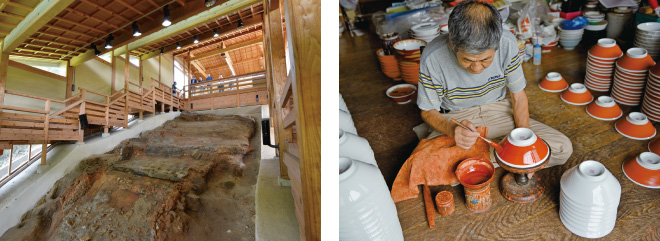 （左）昔使われていた窯の発掘現場　（右）陶磁器の製作現場